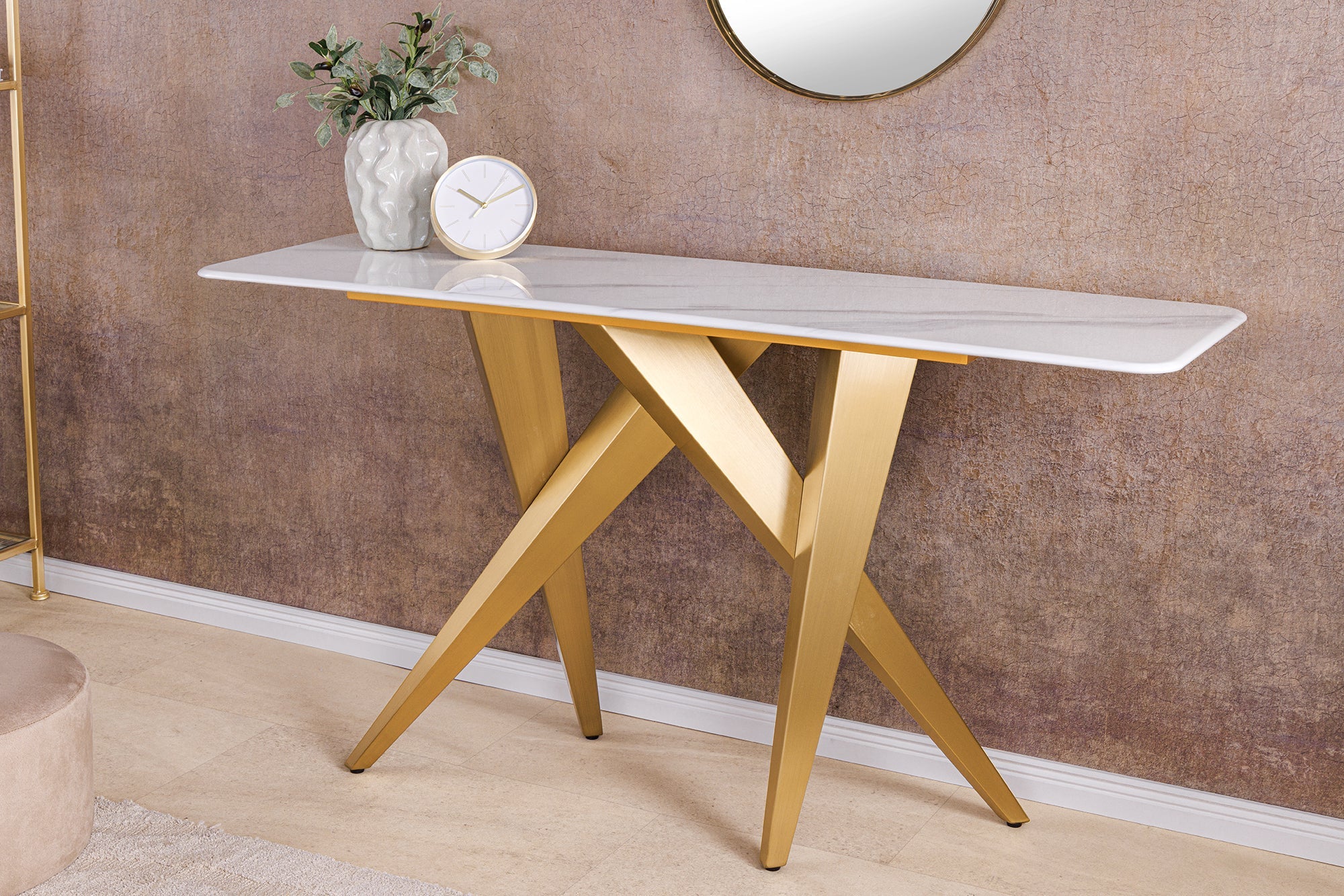 Consola de diseño ART LIVING 140cm mármol blanco cerámica champán oro cepillado