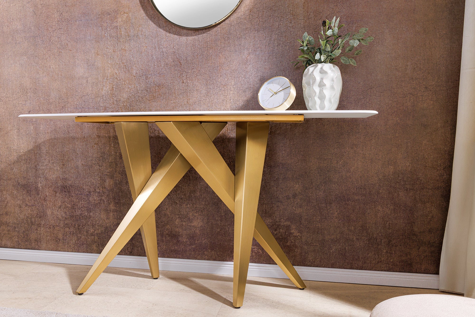 Consola de diseño ART LIVING 140cm mármol blanco cerámica champán oro cepillado