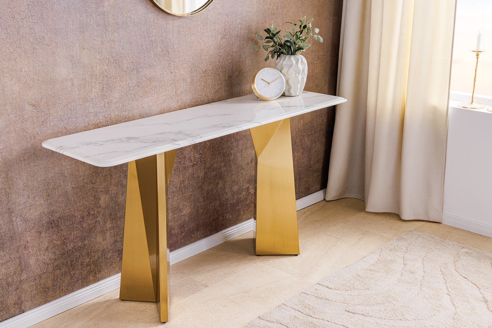 Consola de diseño EXTRAVAGANCIA 140cm mármol blanco metal oro champán cepillado