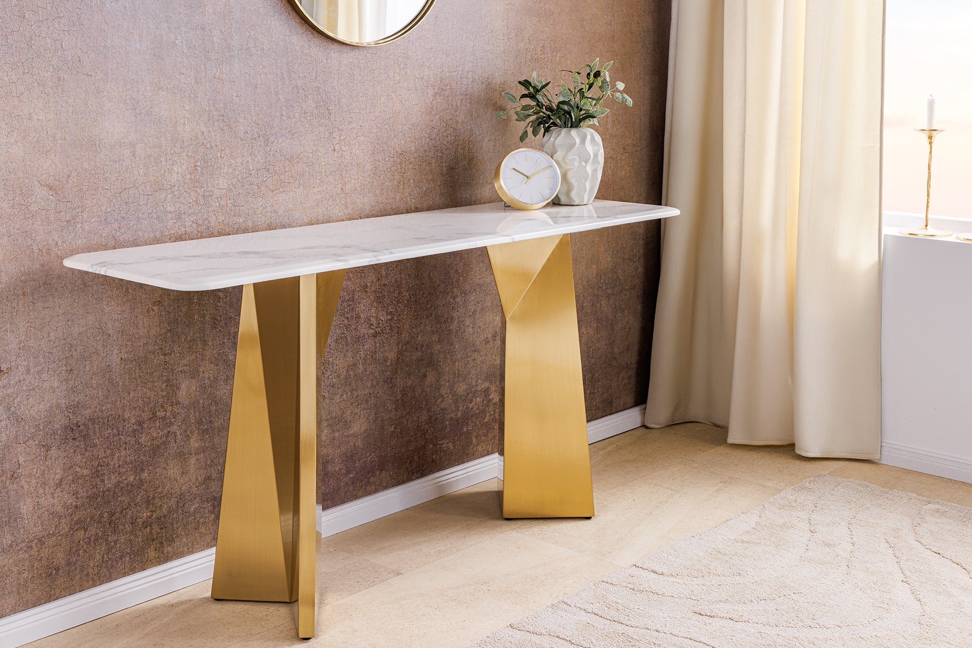 Consola de diseño EXTRAVAGANCIA 140cm mármol blanco metal oro champán cepillado