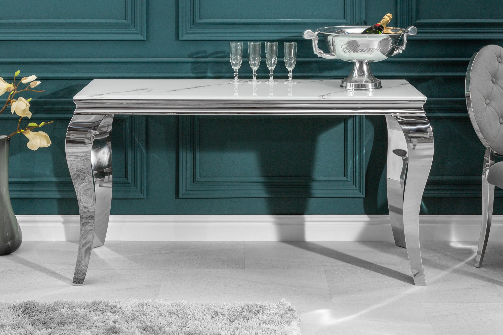 Elegante consola BAROQUE MODERNE 145 cm con tapa de cristal efecto mármol y patas de acero inoxidable