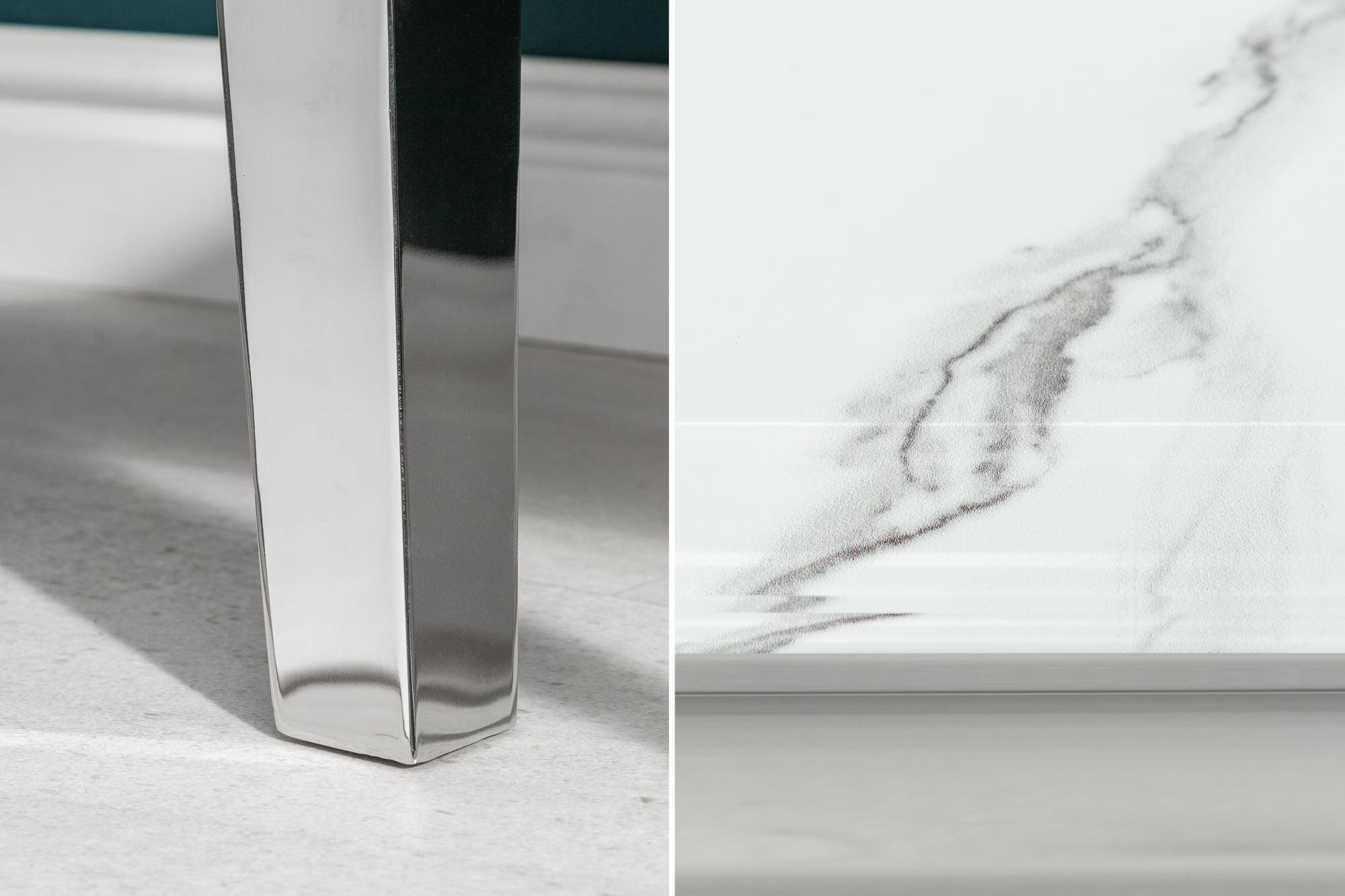 Elegante consola BAROQUE MODERNE 145 cm con tapa de cristal efecto mármol y patas de acero inoxidable