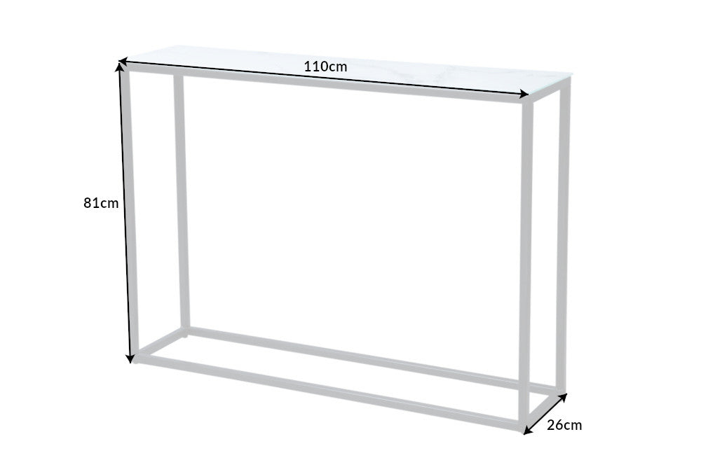 Elegante consola BOUTIQUE de 110 cm en cristal blanco con decoración de mármol y marco negro