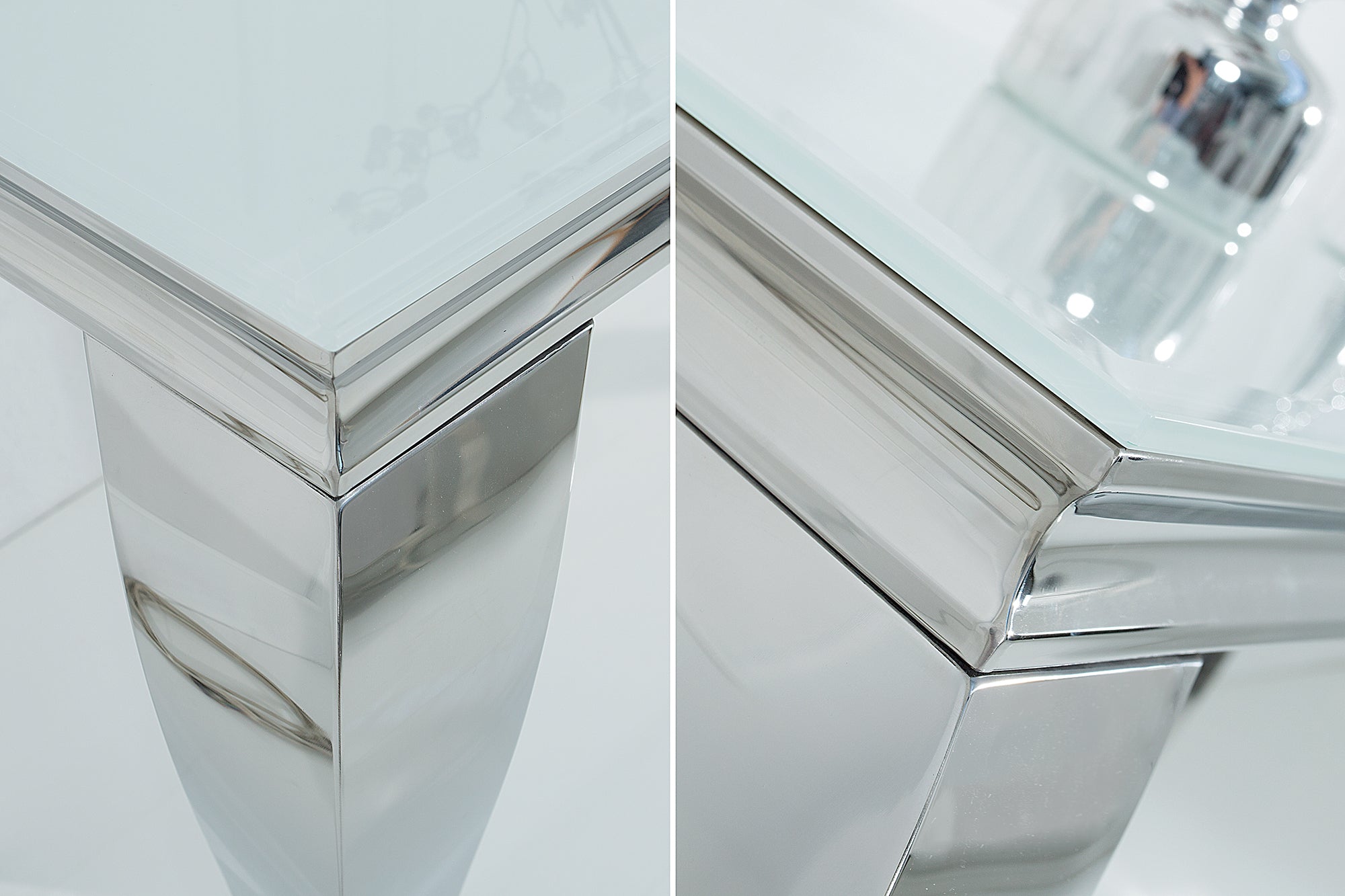 Elegante consola moderna de estilo barroco de 145 cm, cristal opal blanco, patas de acero inoxidable