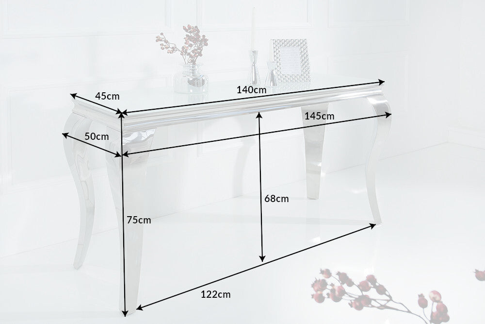 Elegante consola moderna de estilo barroco de 145 cm, cristal opal blanco, patas de acero inoxidable