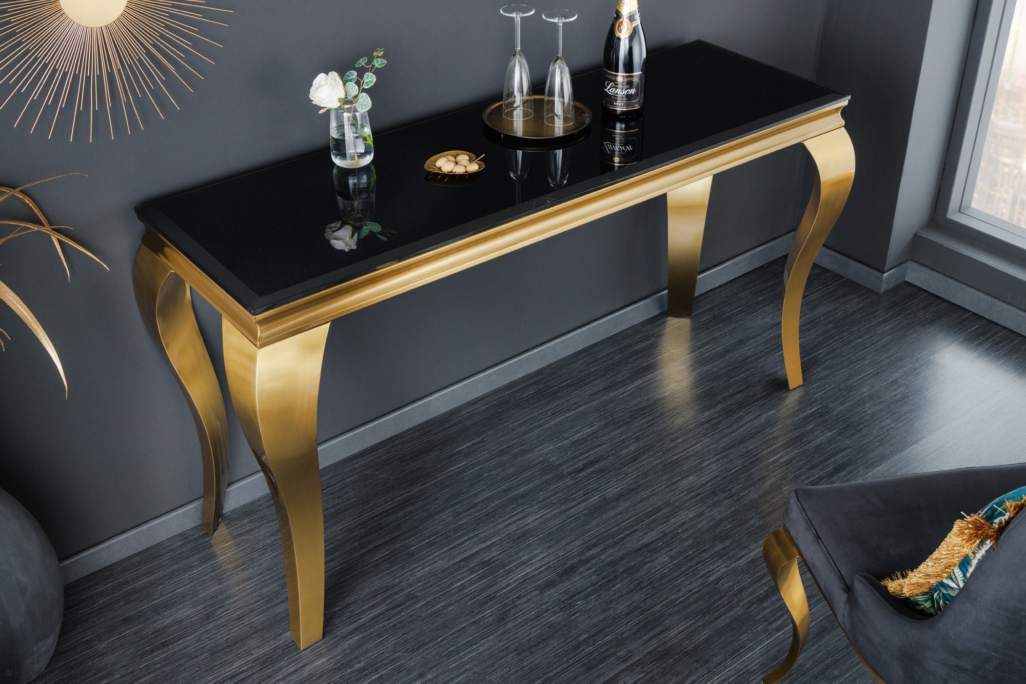 Elegante consola moderna de estilo barroco de 145 cm, cristal opal negro, patas de acero inoxidable