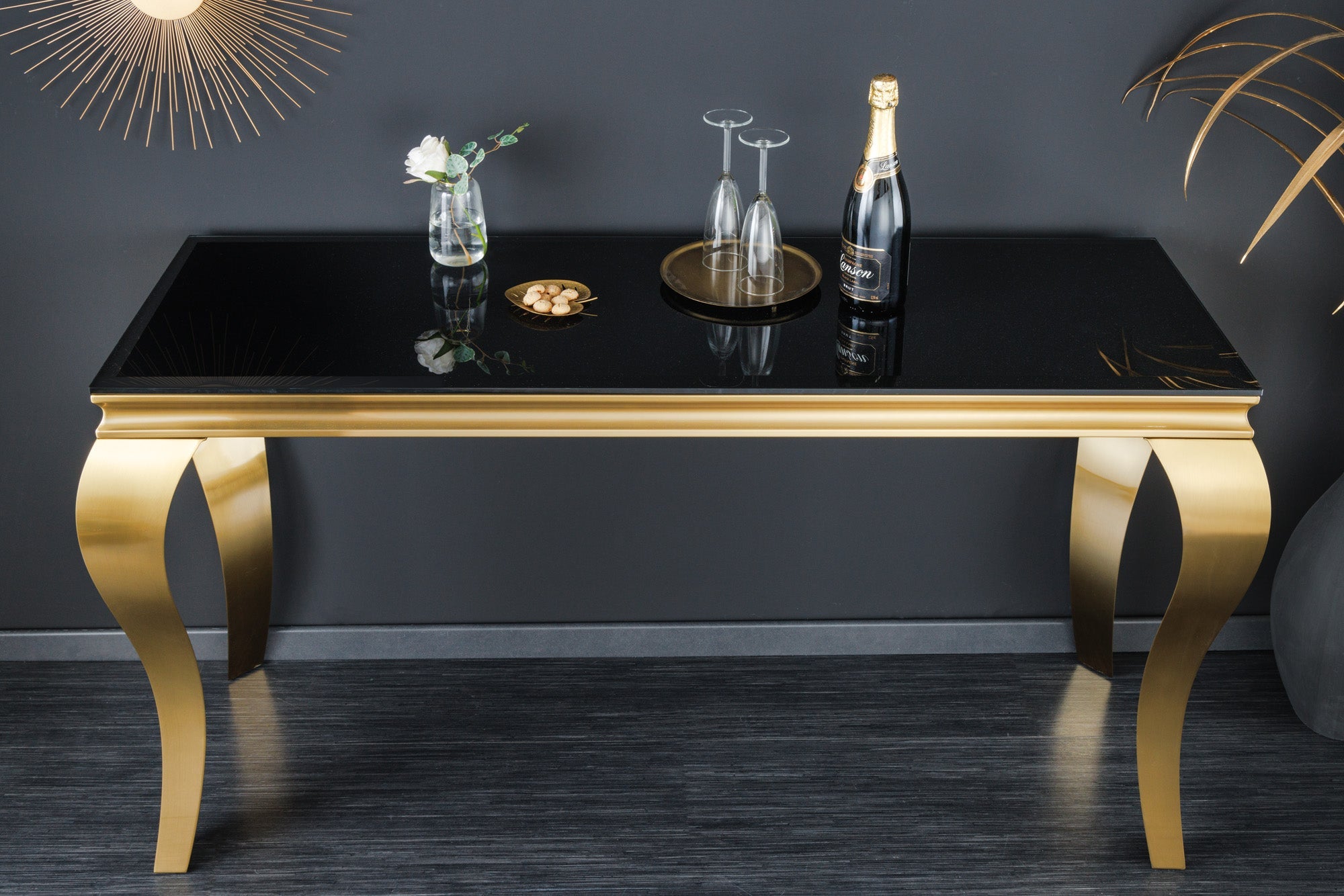 Elegante consola moderna de estilo barroco de 145 cm, cristal opal negro, patas de acero inoxidable