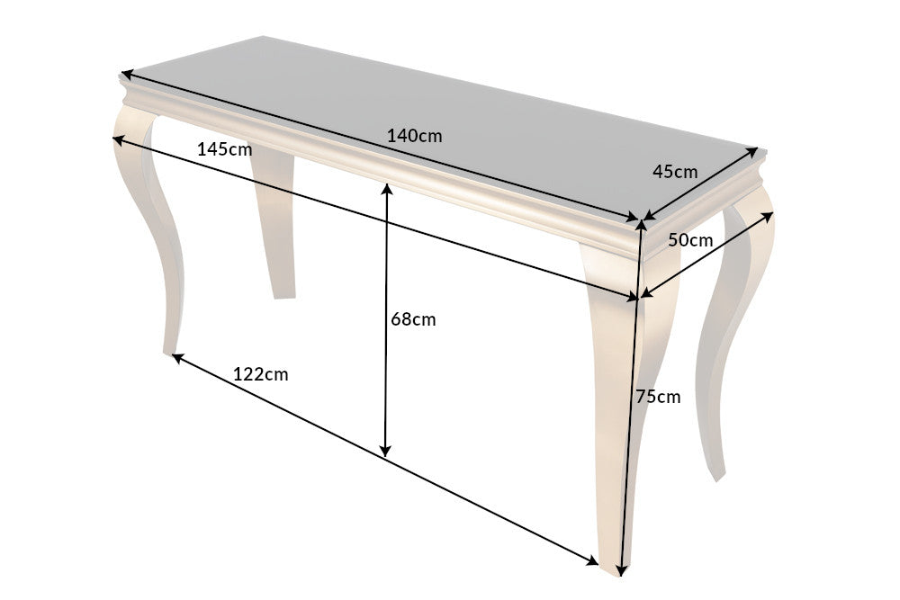 Elegante consola moderna de estilo barroco de 145 cm, cristal opal negro, patas de acero inoxidable