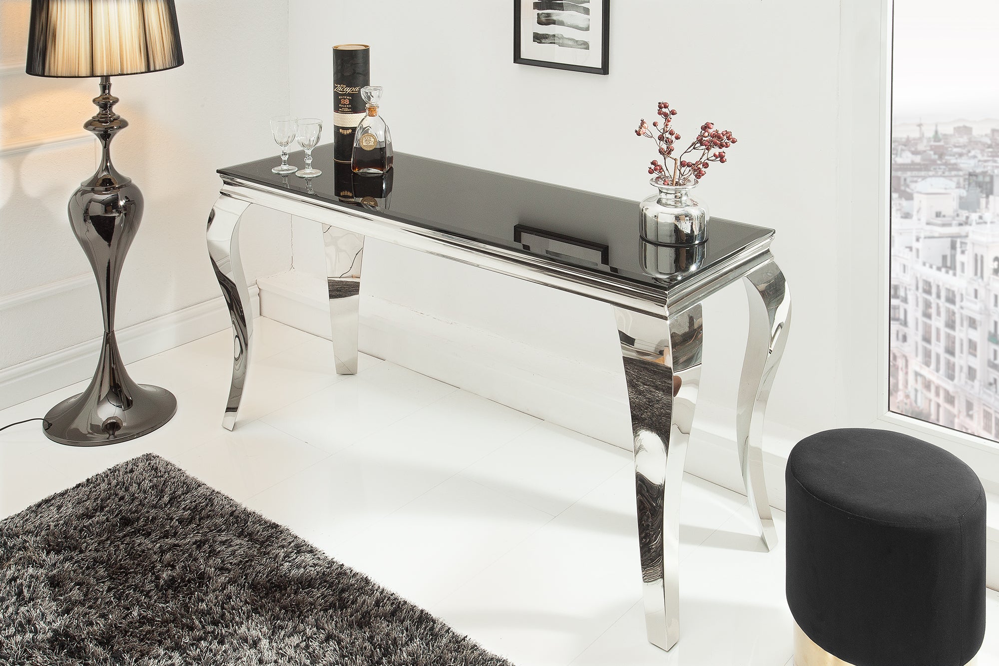 Elegante consola MODERN BAROCK 145cm cristal opal negro patas de acero inoxidable
