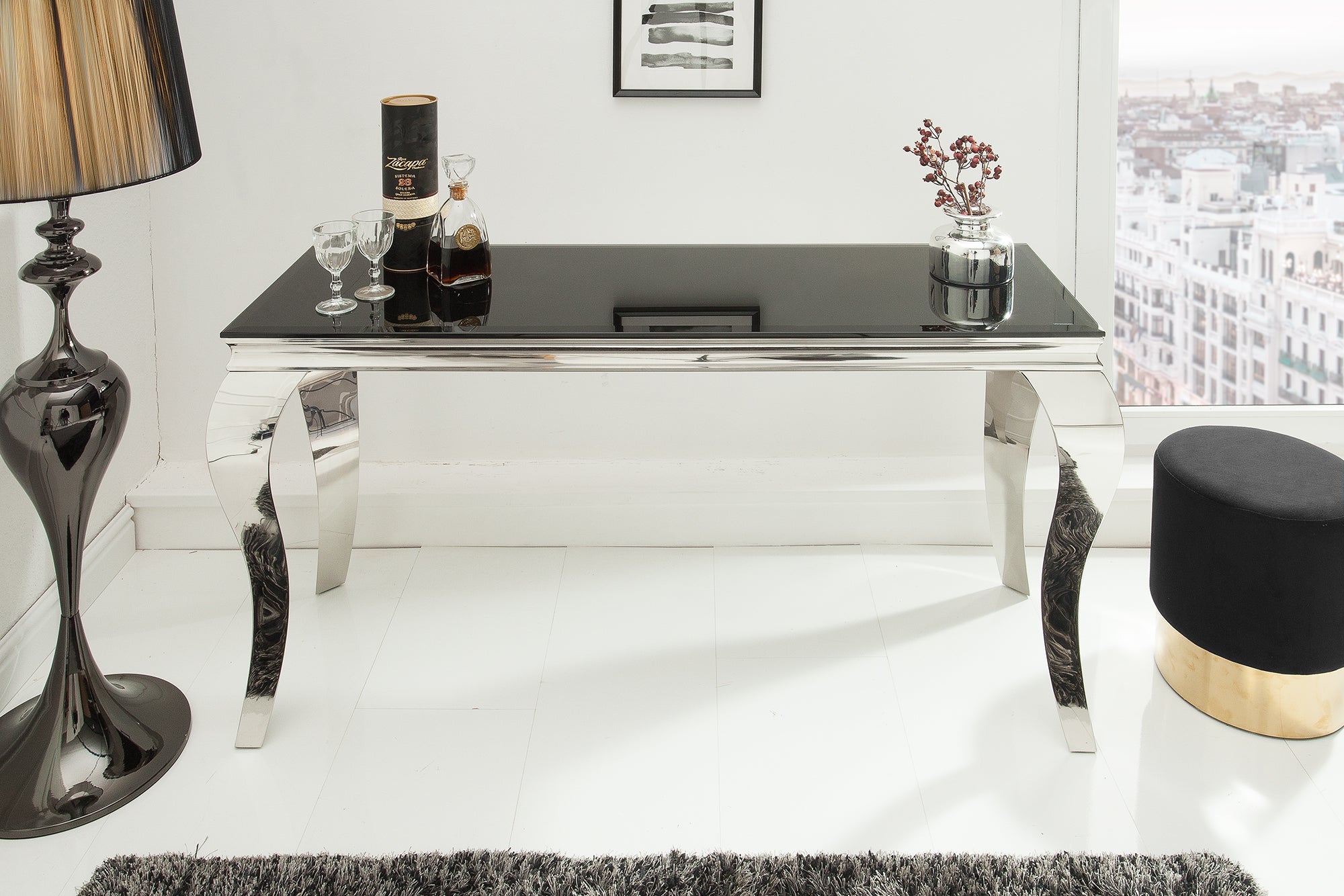 Elegante consola MODERN BAROCK 145cm cristal opal negro patas de acero inoxidable