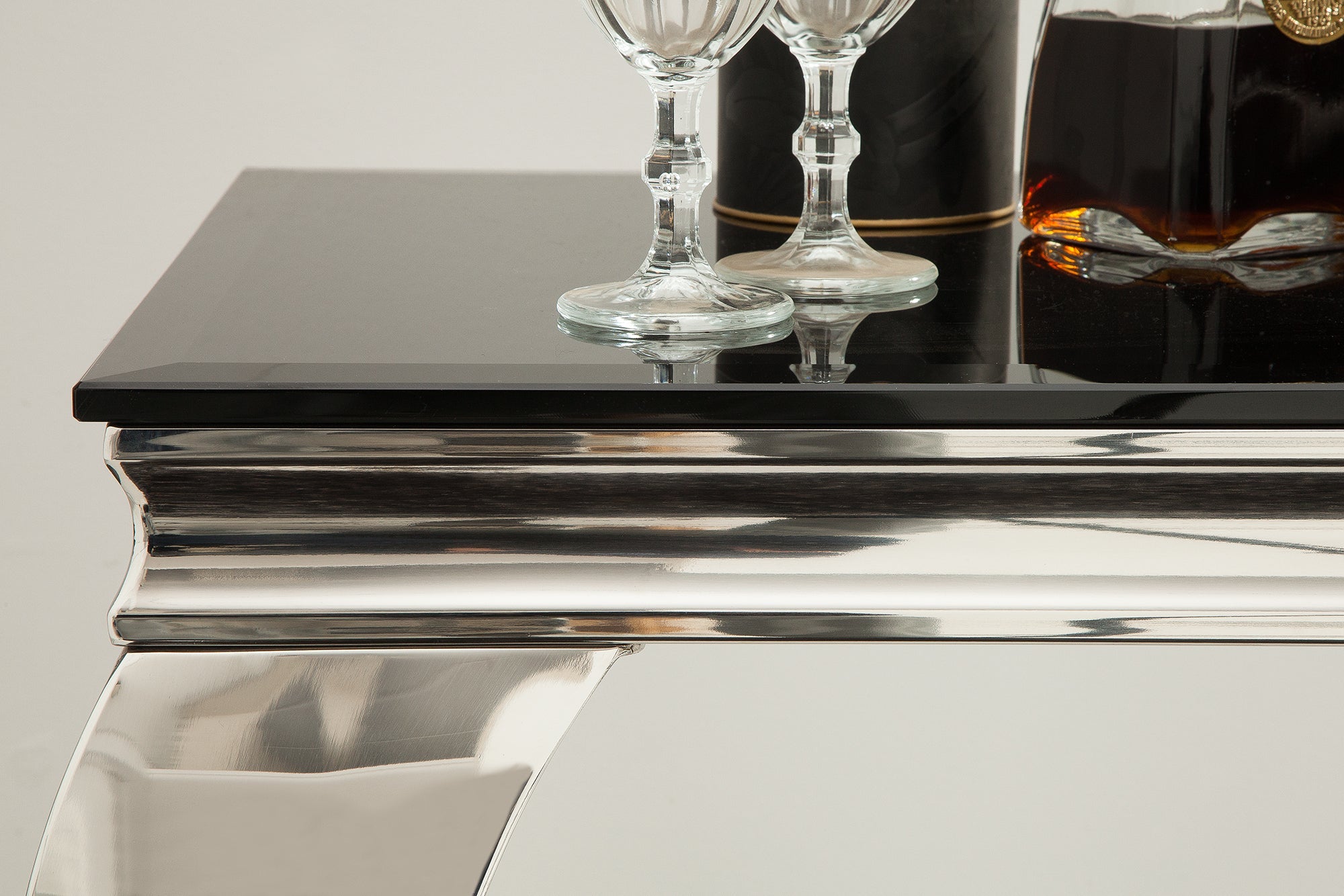 Elegante consola MODERN BAROCK 145cm cristal opal negro patas de acero inoxidable