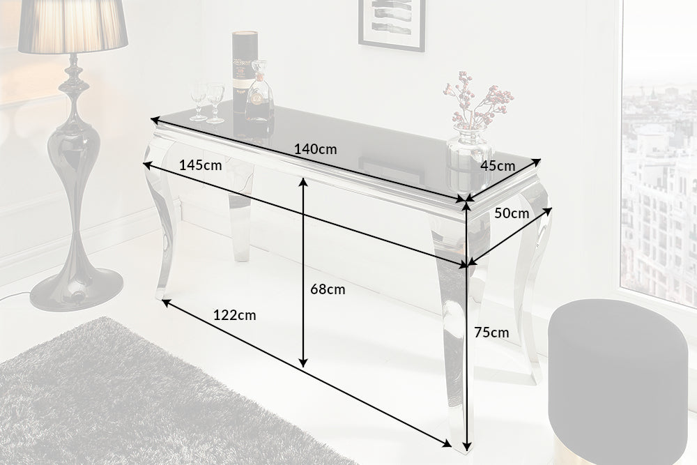 Elegante consola MODERN BAROCK 145cm cristal opal negro patas de acero inoxidable