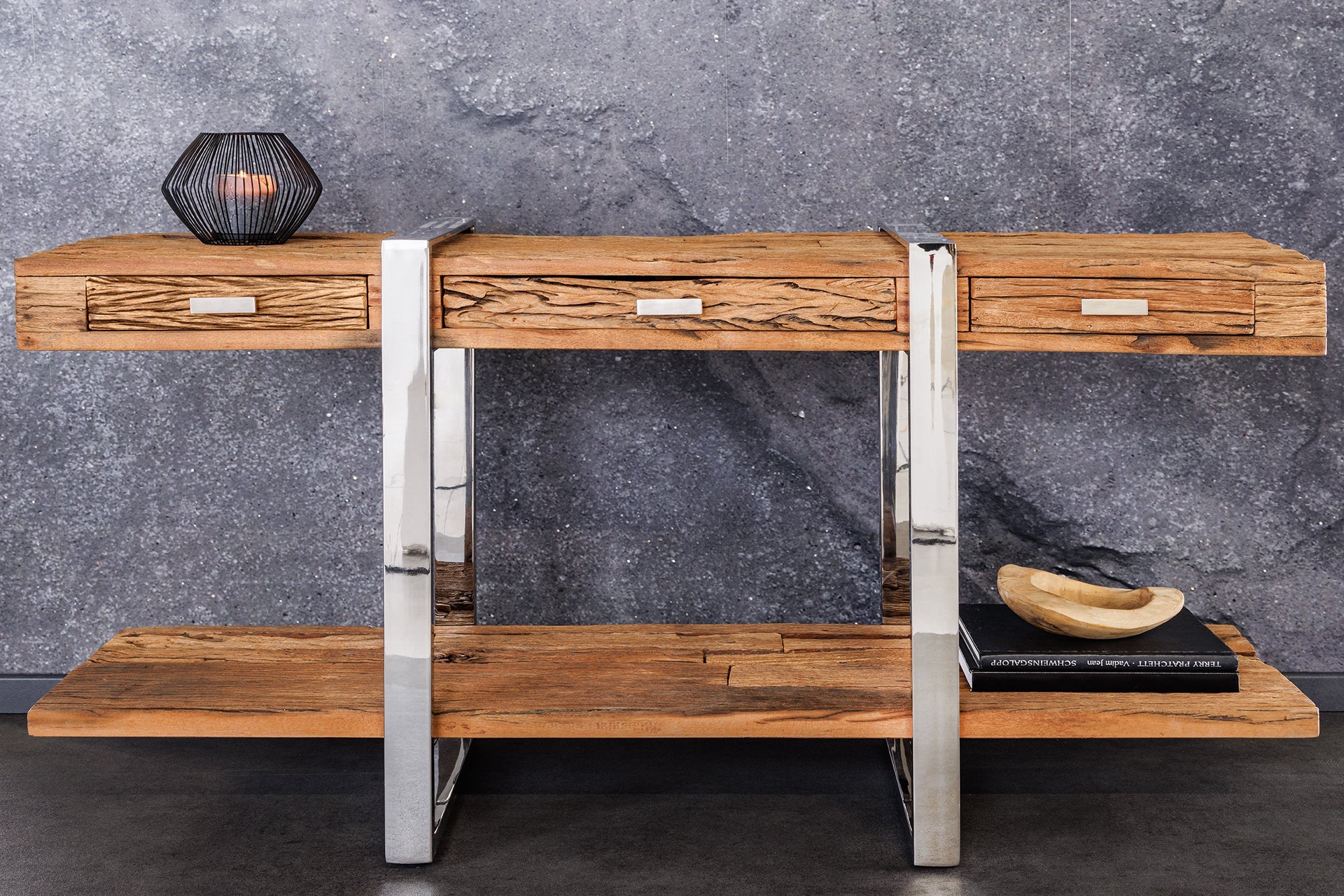Consola de madera maciza BARRACUDA 140 cm teca marrón plata acero inoxidable cromo con cajones