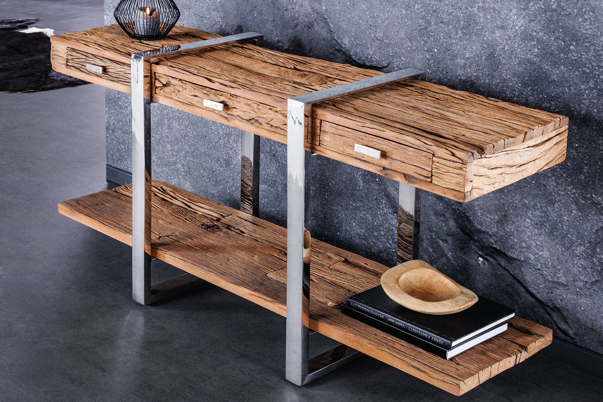 Consola de madera maciza BARRACUDA 140 cm teca marrón plata acero inoxidable cromo con cajones