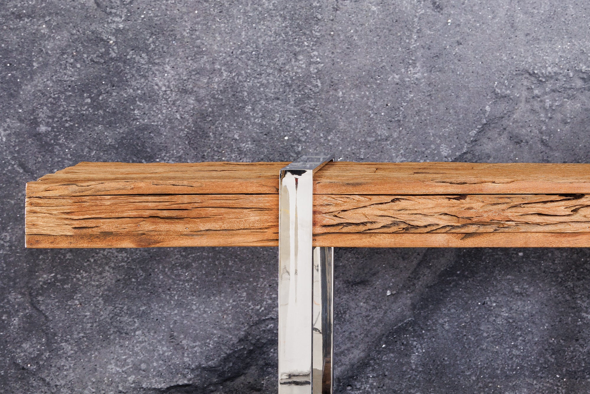 Consola de madera maciza BARRACUDA 140 cm teca marrón plata acero inoxidable cromo con cajones