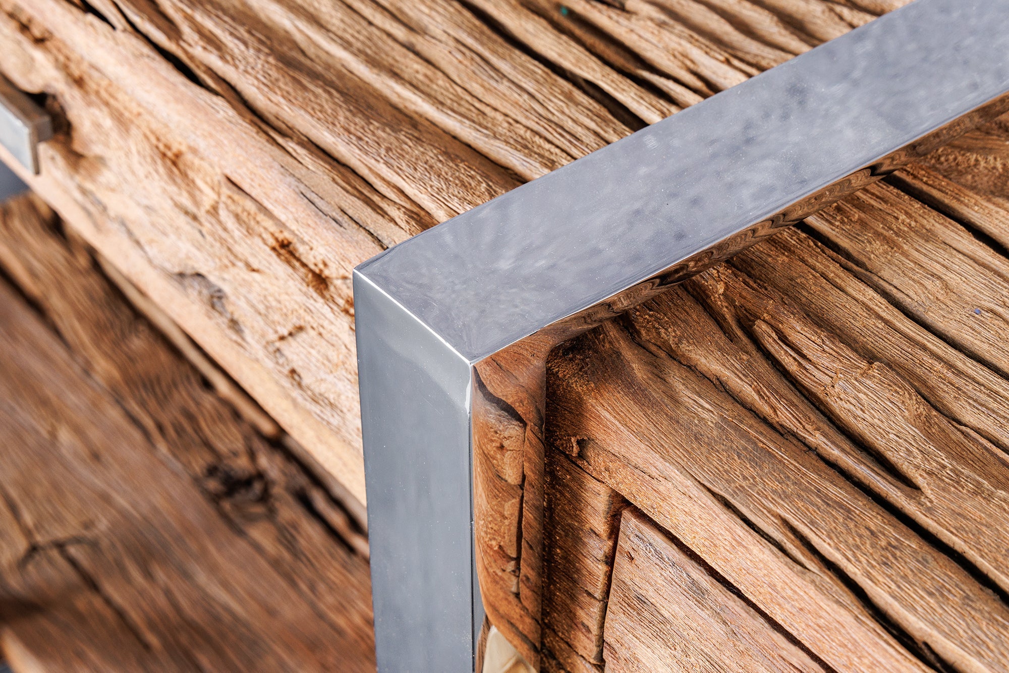 Consola de madera maciza BARRACUDA 140 cm teca marrón plata acero inoxidable cromo con cajones