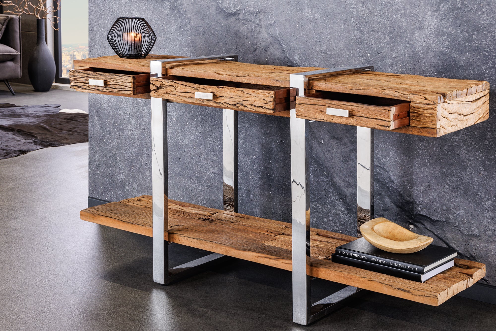 Consola de madera maciza BARRACUDA 140 cm teca marrón plata acero inoxidable cromo con cajones