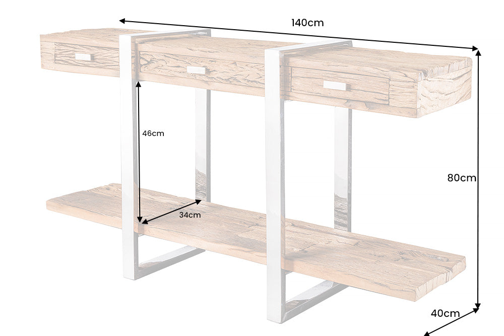 Consola de madera maciza BARRACUDA 140 cm teca marrón plata acero inoxidable cromo con cajones