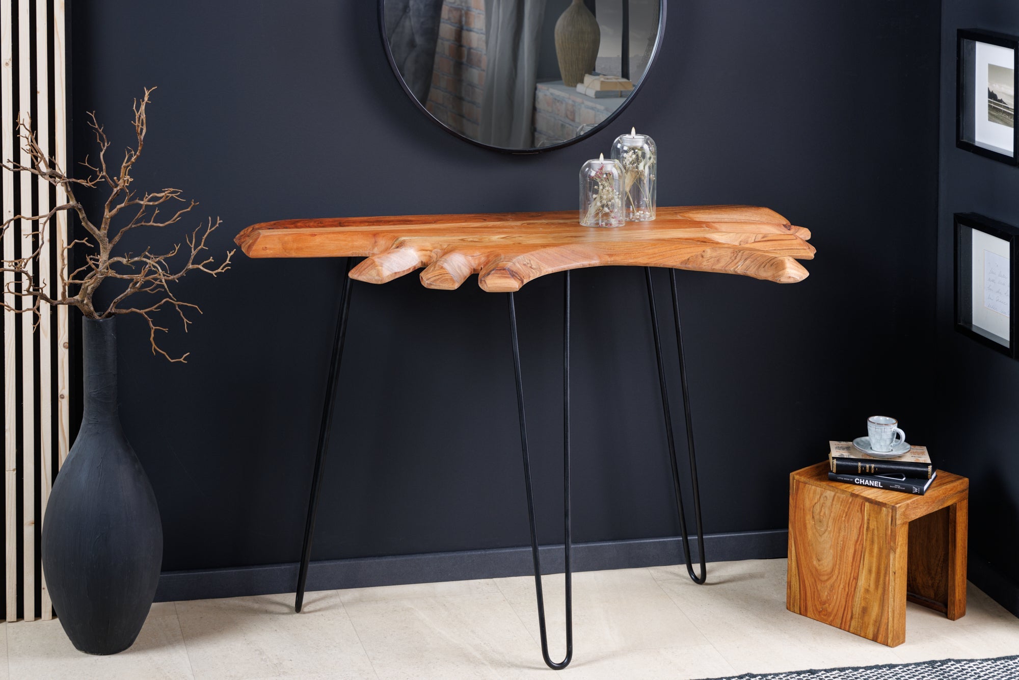 Consola de madera maciza WILD 105cm patas de acacia natural horquillas borde de árbol