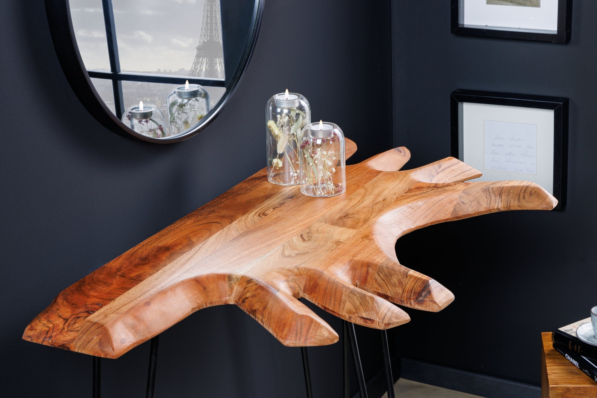Consola de madera maciza WILD 105cm patas de acacia natural horquillas borde de árbol