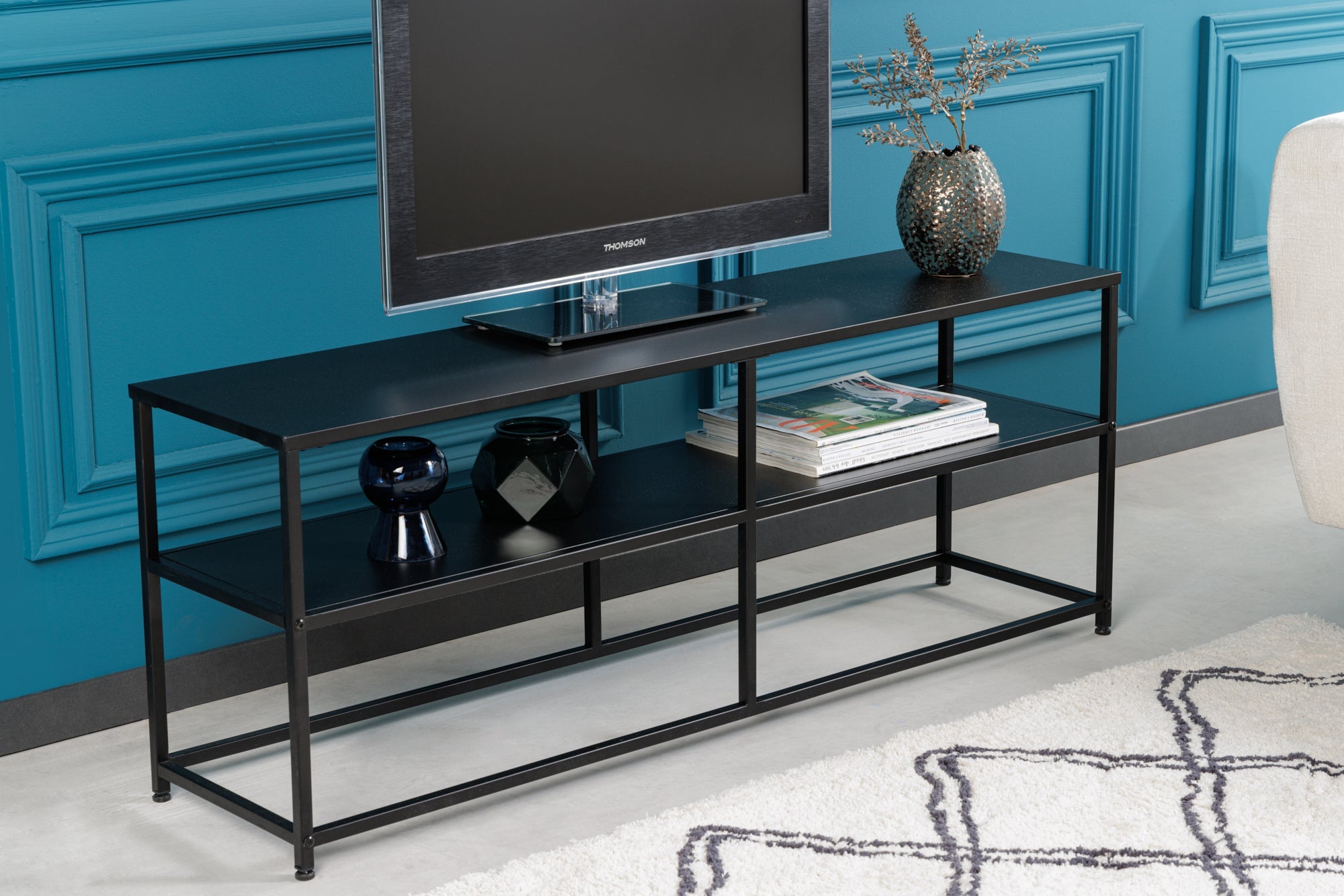 DURA STEEL consola industrial 120cm estante de TV de metal negro con dos estantes