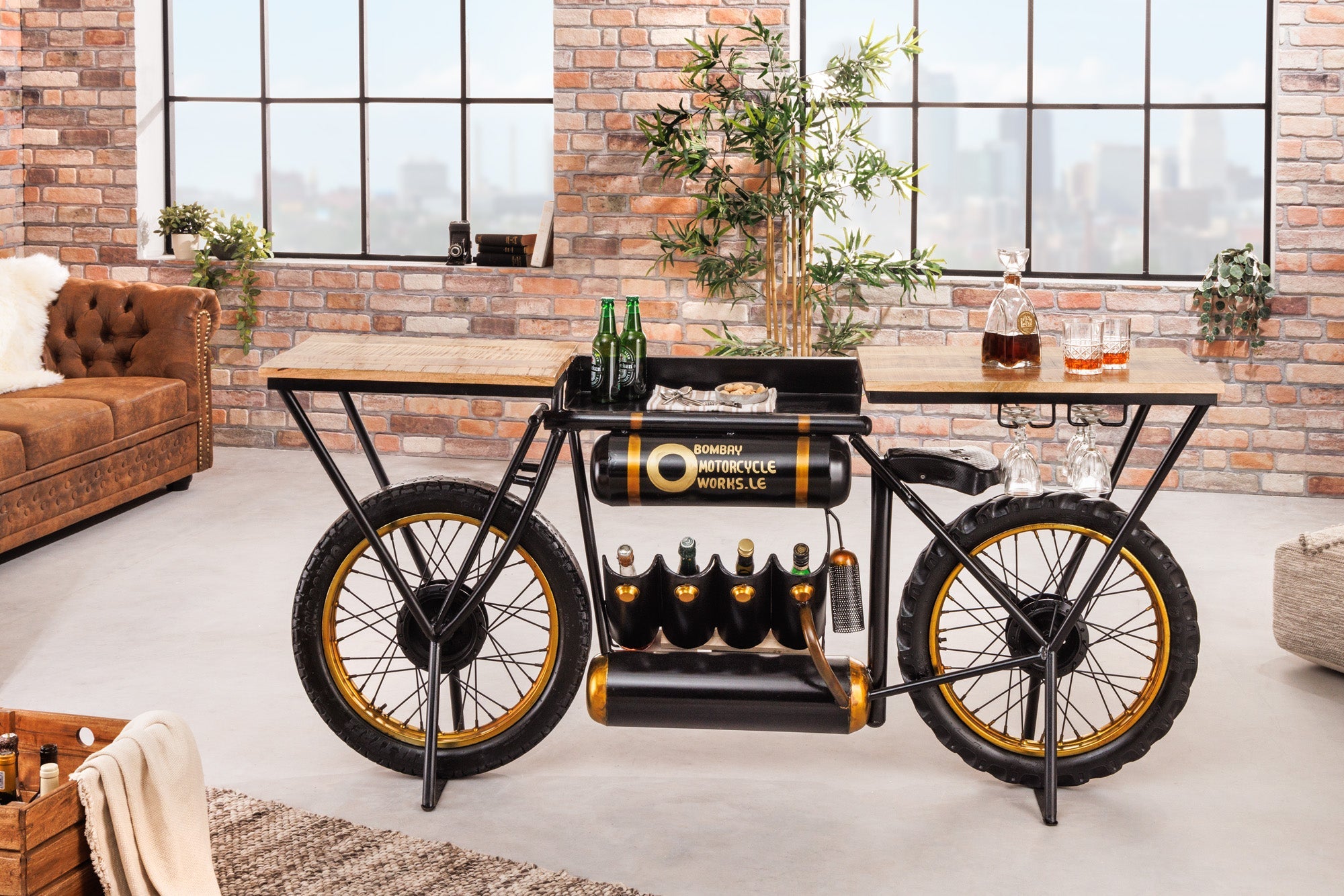 consola-industrial-moto-185cm-madera de mango-negro-barra-mostrador-moto-upcycling_42108 (inv)