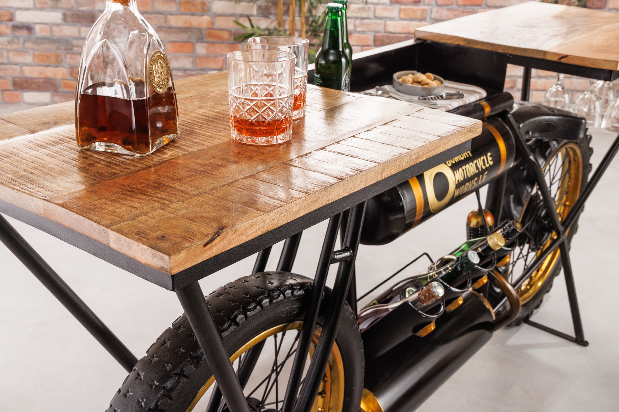 Consola industrial MOTO 185cm mango madera negro barra mostrador moto upcycling