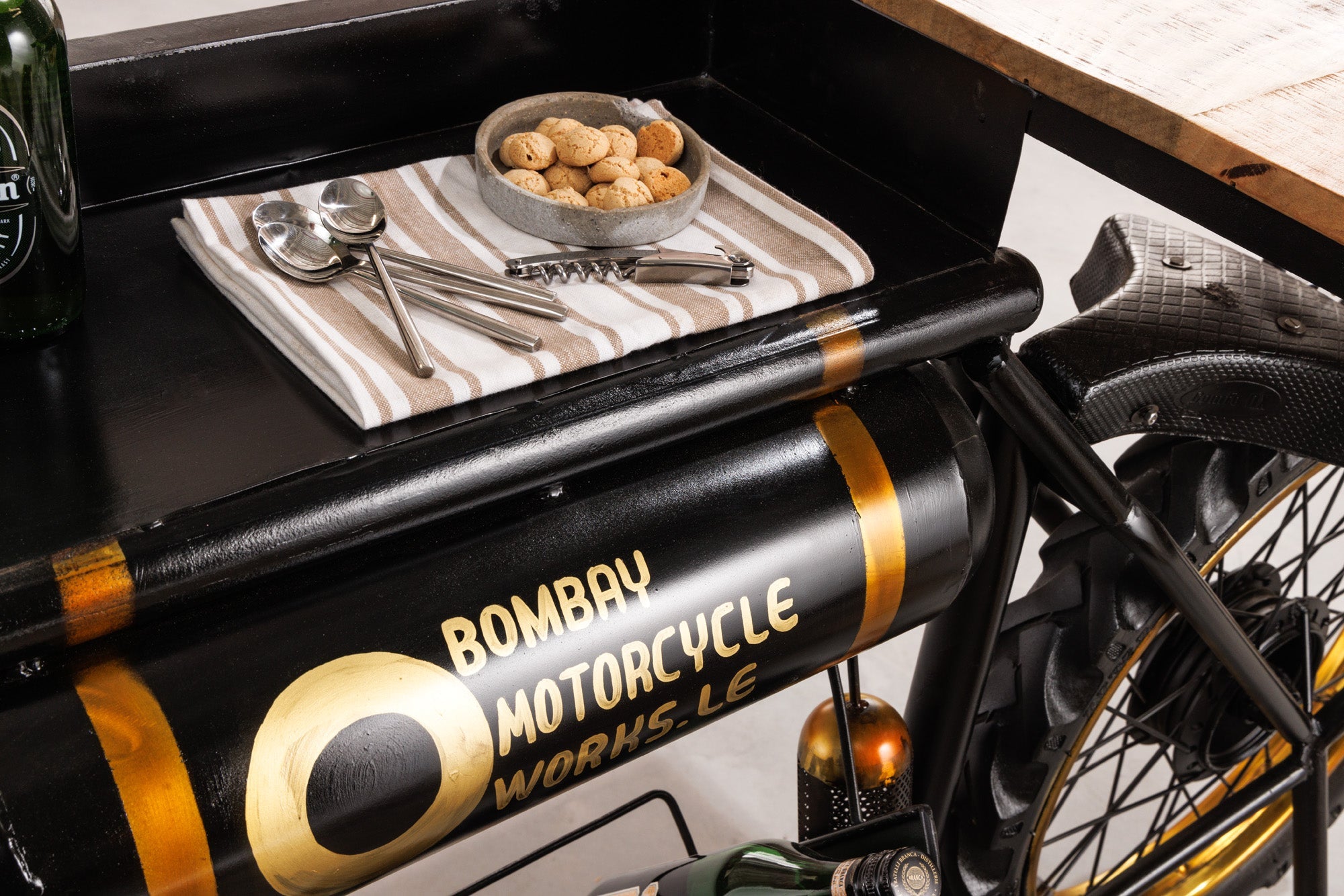 Consola industrial MOTO 185cm mango madera negro barra mostrador moto upcycling