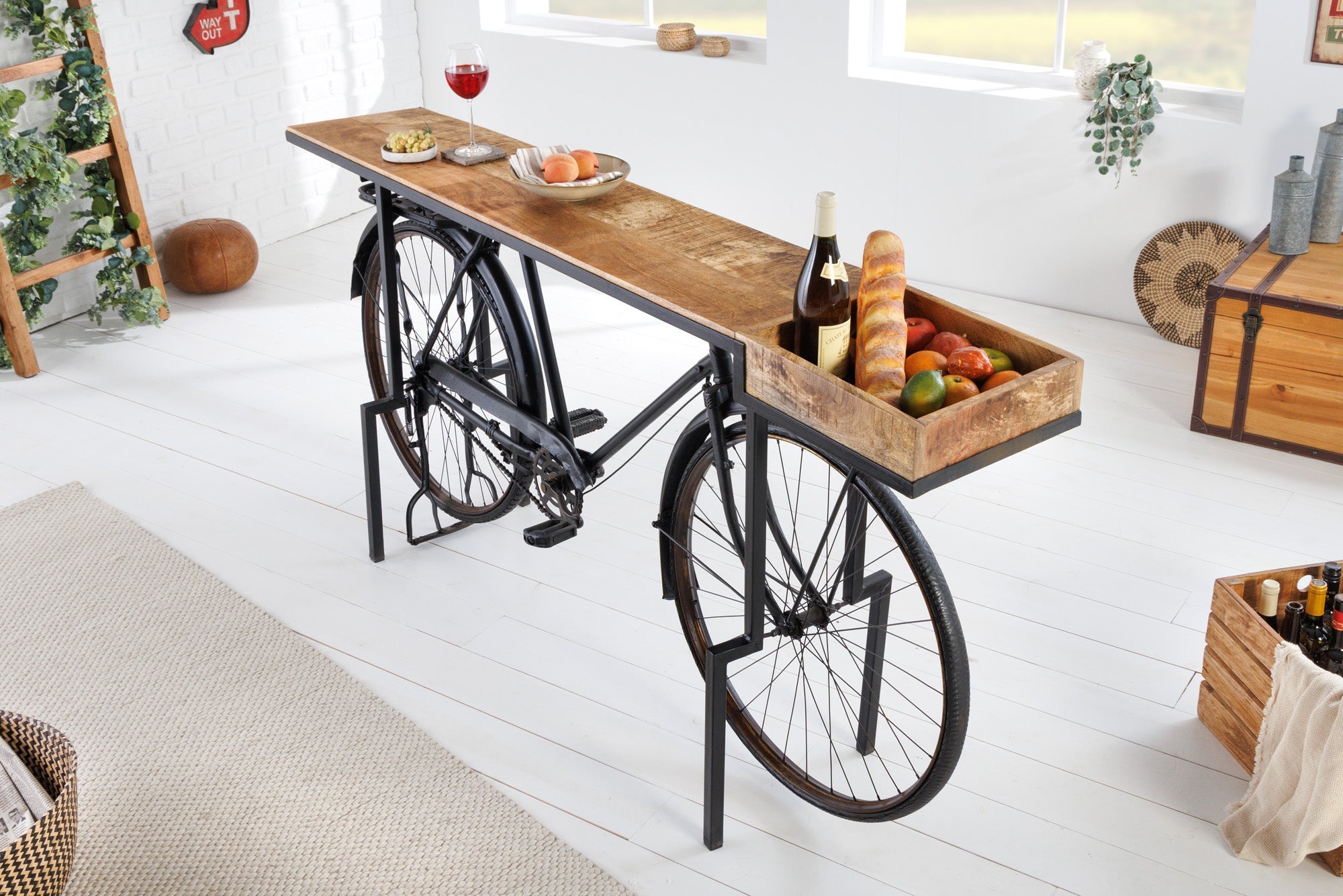 Consola retro BICICLETA 195cm madera de mango bicicleta mesa de bar upcycling