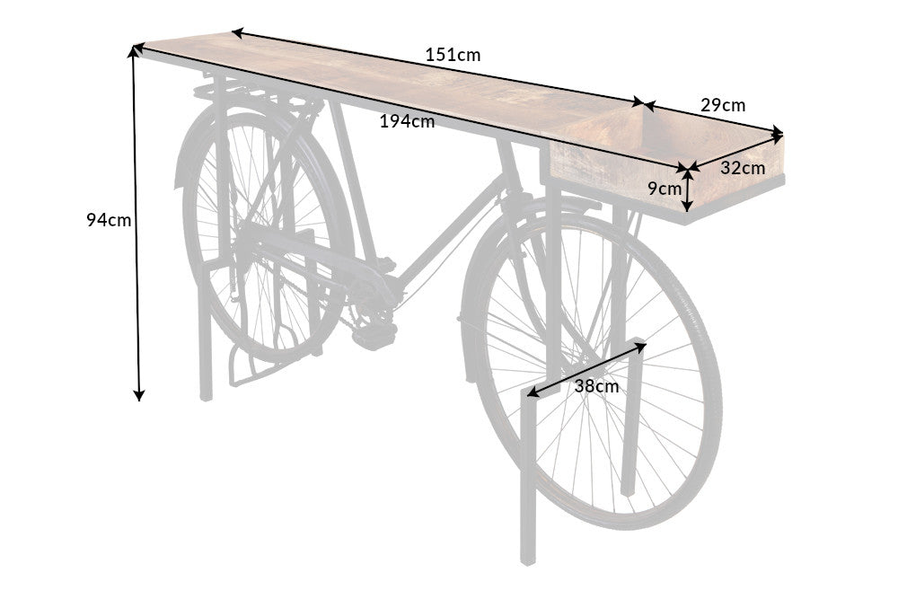 Consola retro BICICLETA 195cm madera de mango bicicleta mesa de bar upcycling