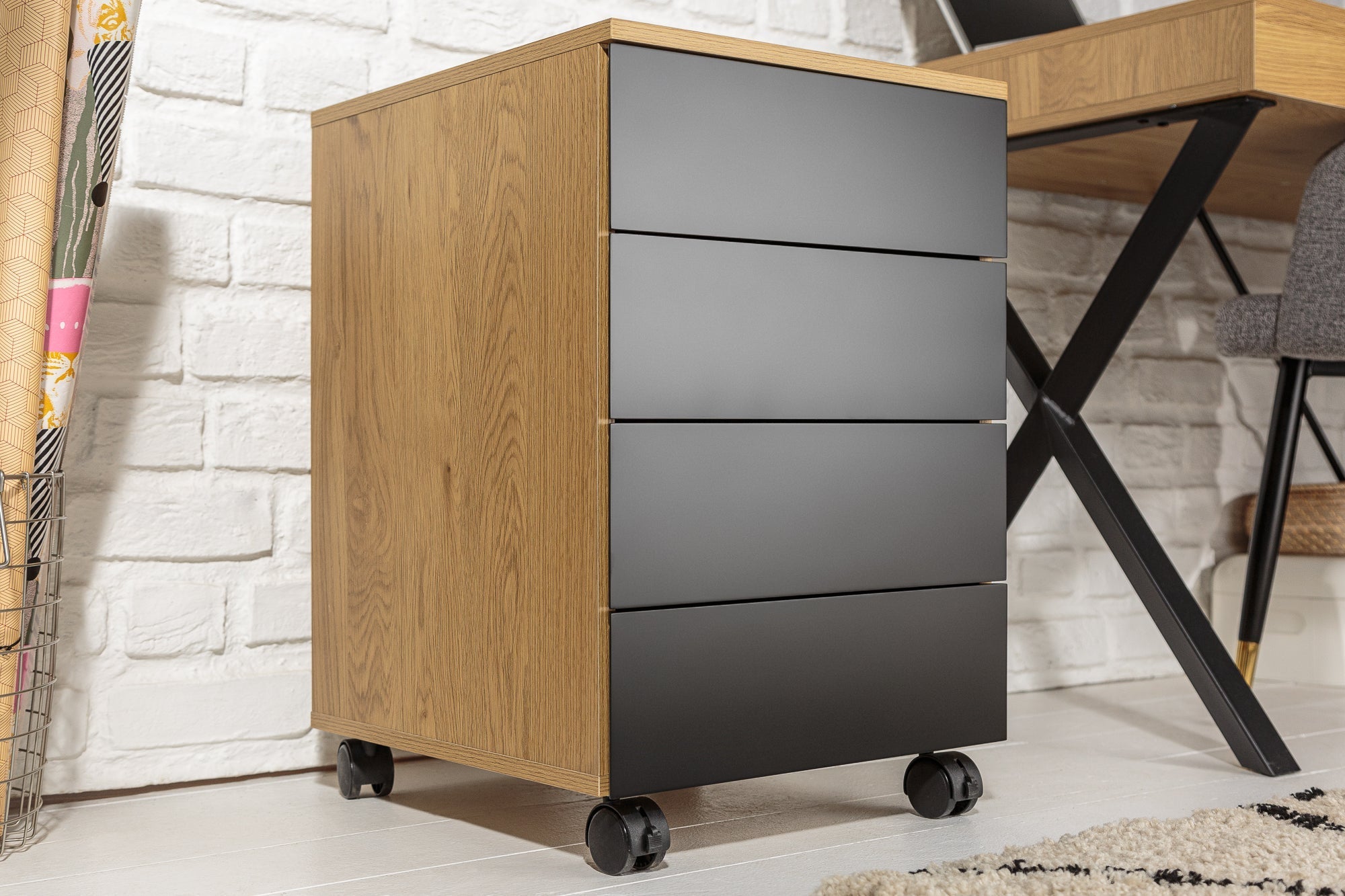 Conteneur roulant moderne STUDIO 40cm aspect chêne noir 4 tiroirs