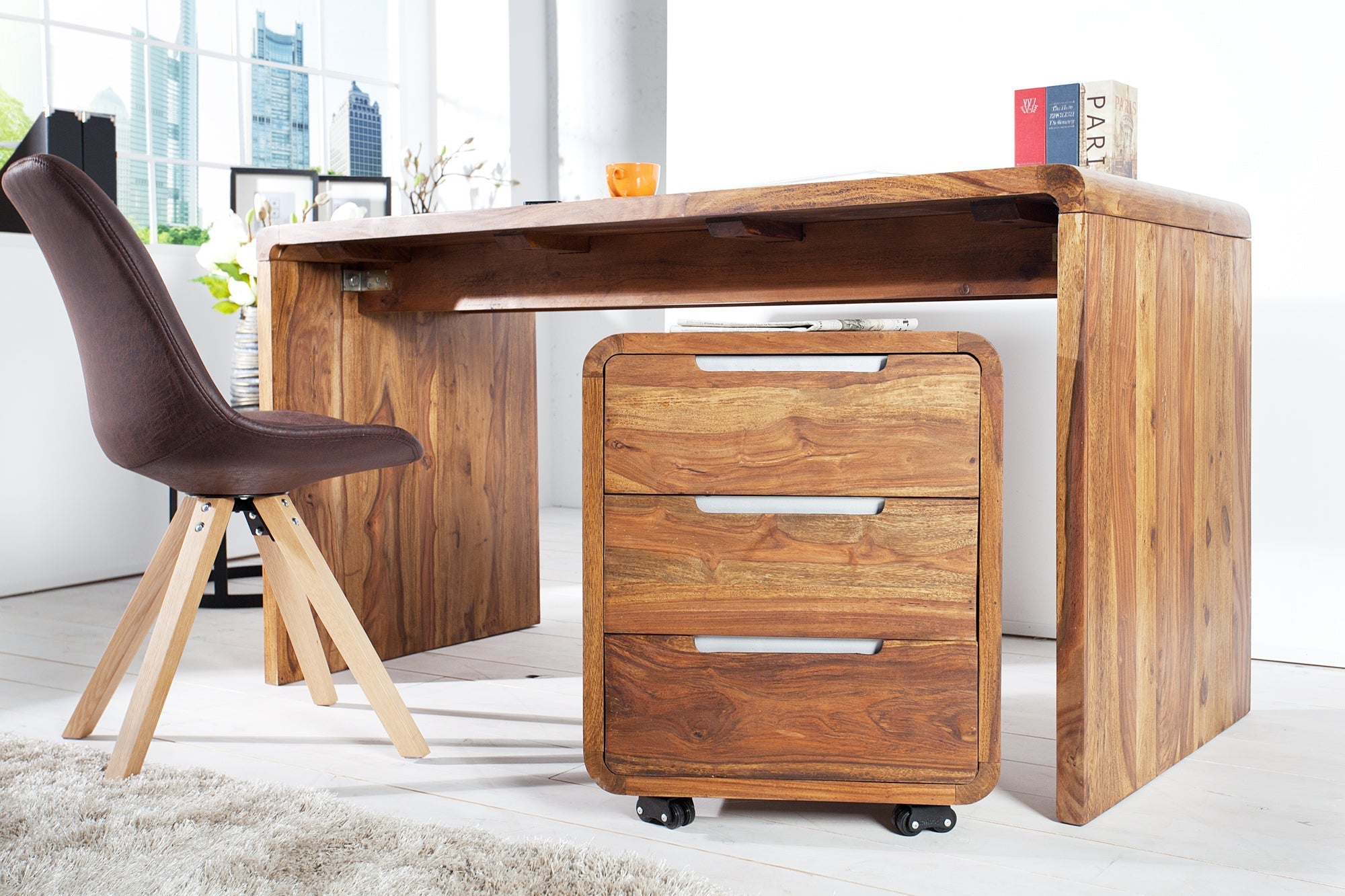 Conteneur roulant solide CUBUS 60cm bois de sheesham marron finition pierre trois tiroirs