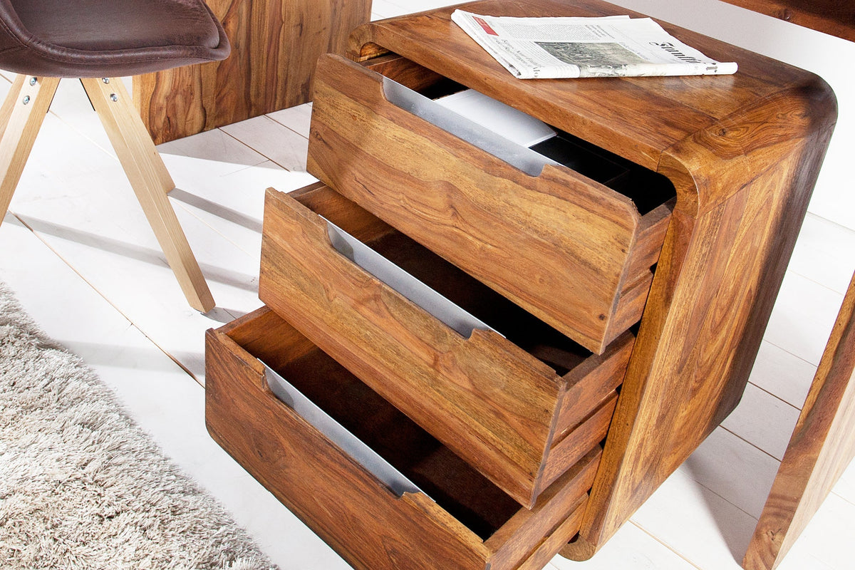 Conteneur roulant solide CUBUS 60cm bois de sheesham marron finition pierre trois tiroirs