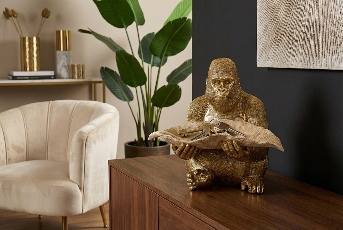 Deko-Figur GORILLA 40cm gold beige handmade mit Schale im Blatt-Design