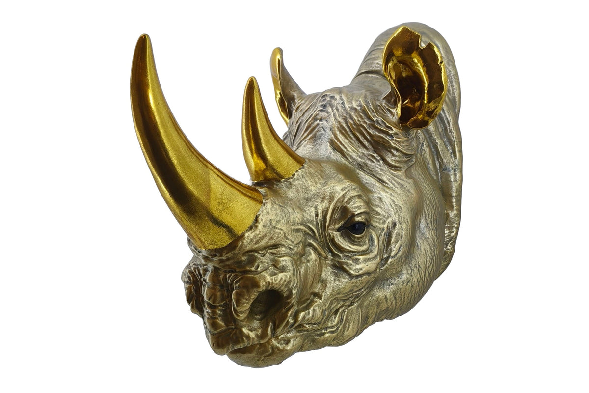 Deko-Wandfigur RHINO 40cm gold handmade Nashorn-Skulptur