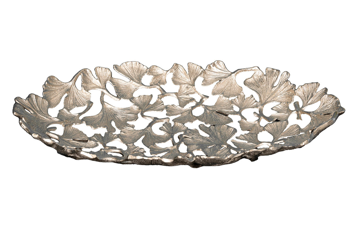 Dekorative Schale GINKGO LEAFS 50cm silber handmade Metall