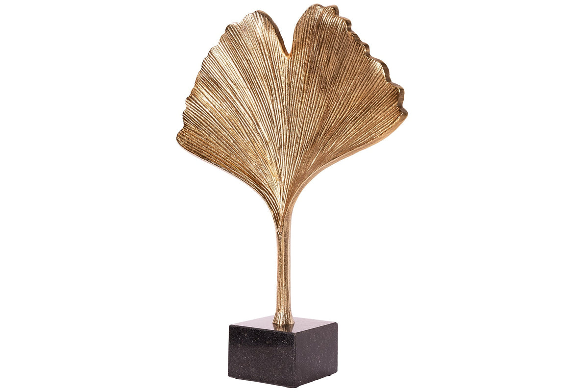 Dekorative Skulptur GINKGO LEAF 44cm gold handmade Metall mit Marmorsockel