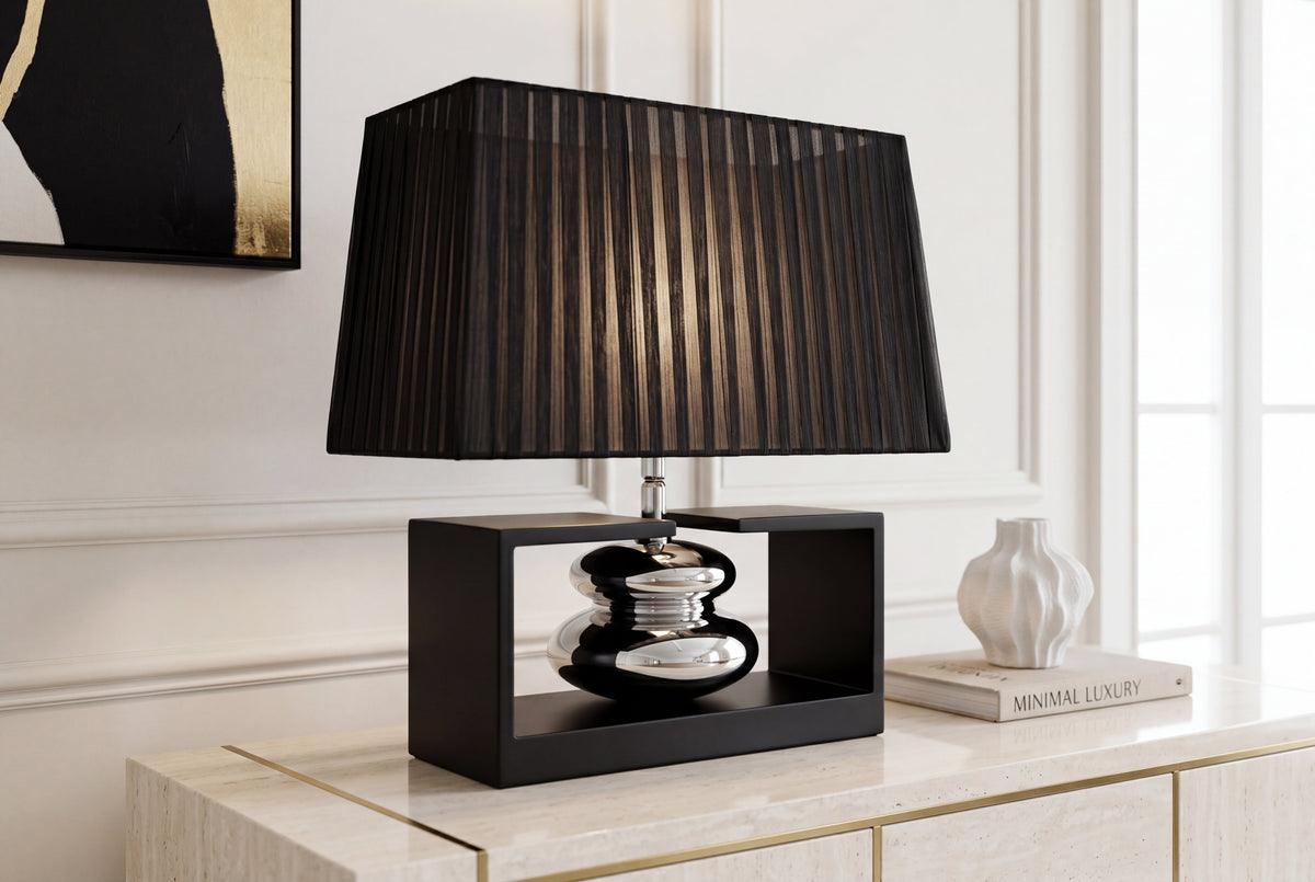 Dekorative Tischlampe GRACIA 35cm schwarz silber mit neigbarem Stoffschirm Holzfuß