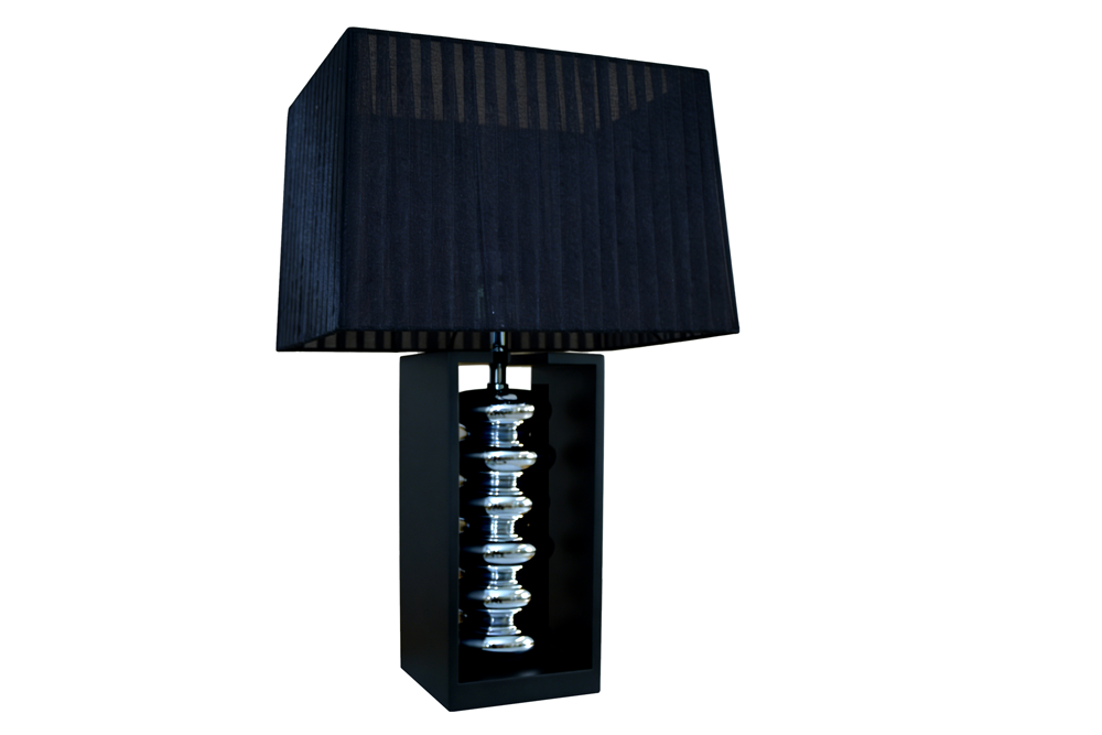Dekorative Tischlampe GRACIA 55cm schwarz silber mit neigbarem Stoffschirm Holzfuß