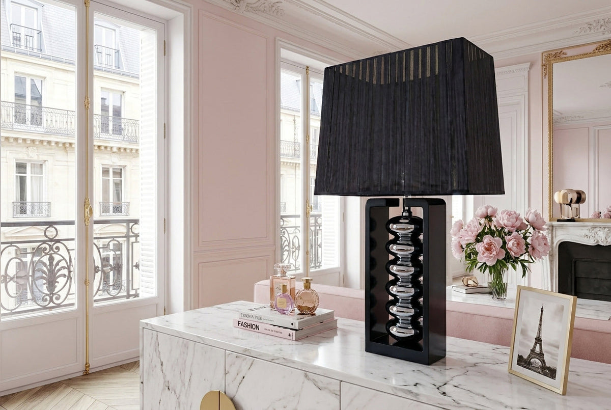 Dekorative Tischlampe GRACIA 55cm schwarz silber mit neigbarem Stoffschirm Holzfuß