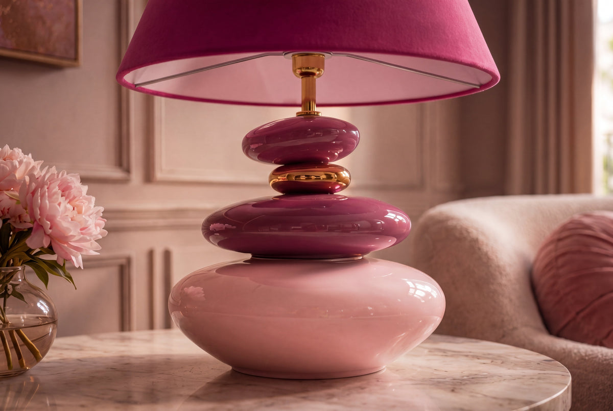 Dekorative Tischlampe STONES OF ECSTASY 60cm pink rosa gold mit Stoffschirm rund
