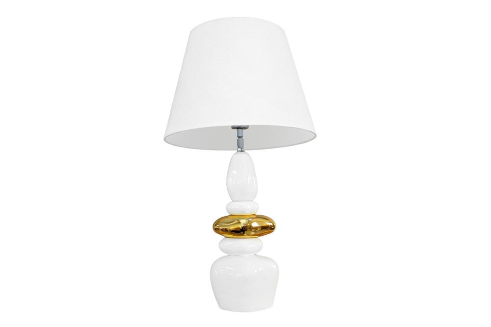 Dekorative Tischlampe STONES OF ZEN 70cm weiß gold mit Stoffschirm rund