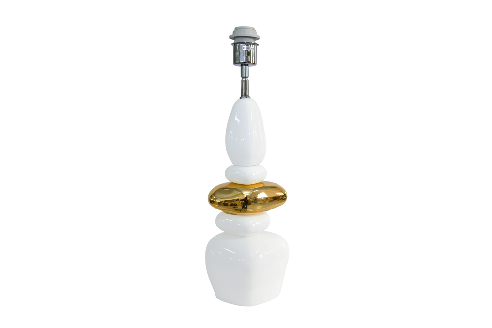 Dekorative Tischlampe STONES OF ZEN 70cm weiß gold mit Stoffschirm rund
