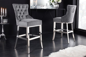 Design Barhocker CASTLE DELUXE gris velours argent acier inoxydable avec dossier Chesterfield