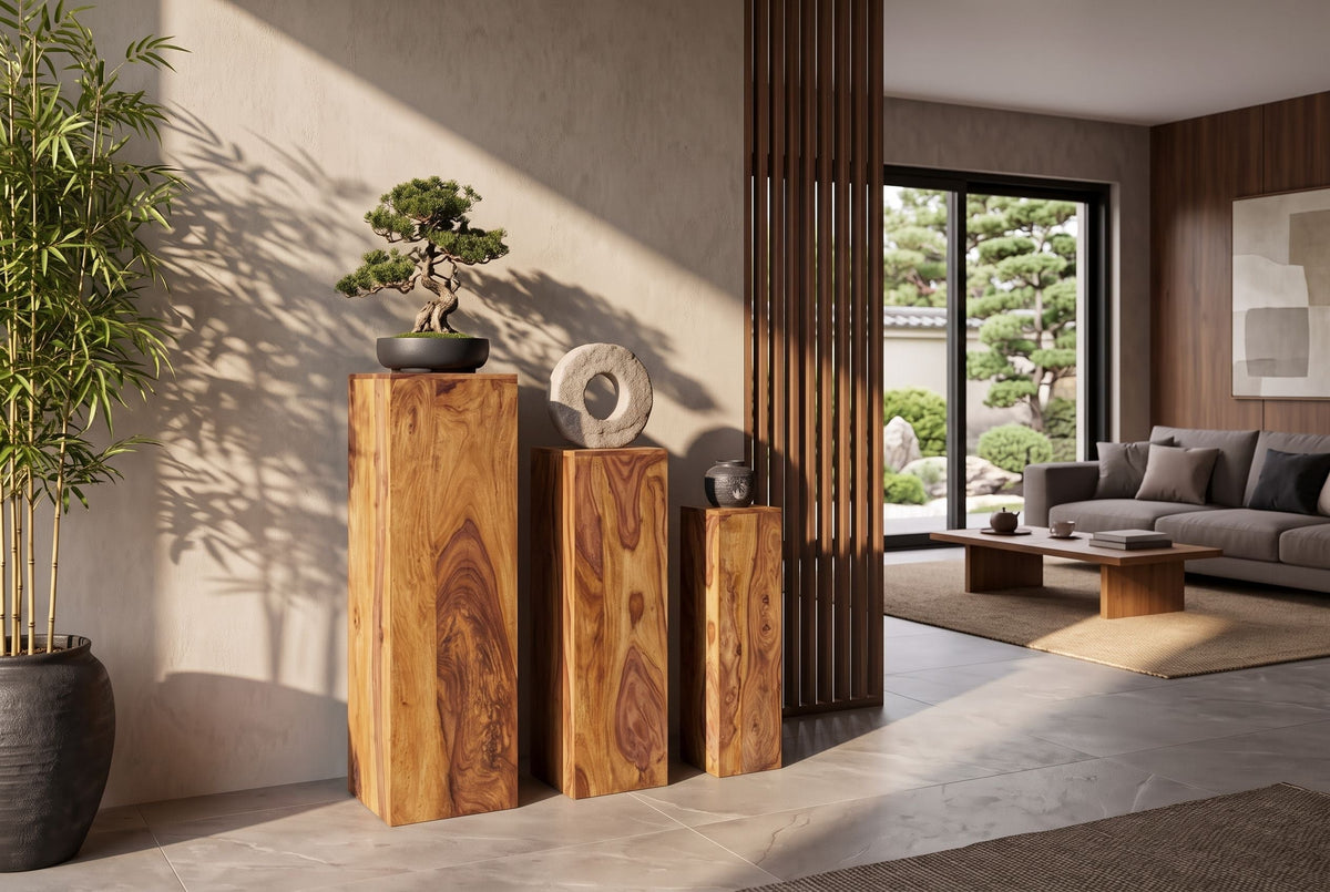 Design Deko Säule 3er Set MAKASSAR 80cm braun Sheesham stone finish Handarbeit