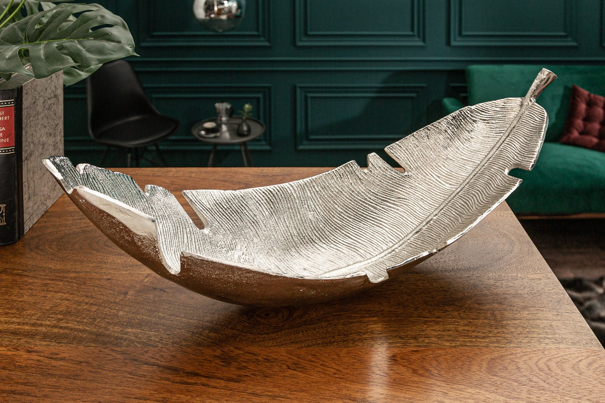 Design Deko Schale SILVER LEAF 65cm silber Blatt Design Metall Handarbeit