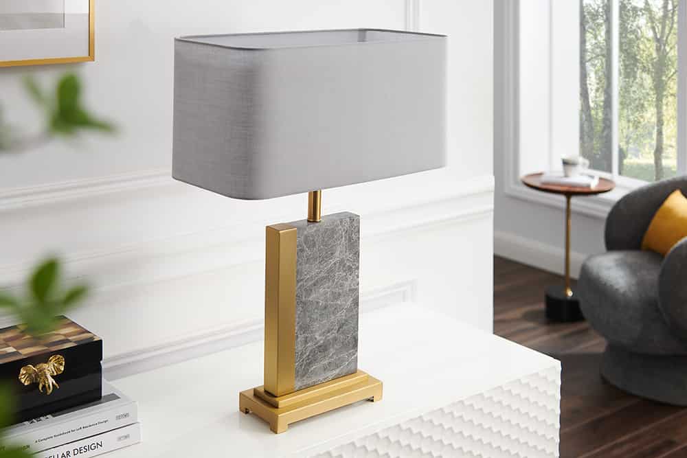 Design lampe de table ELEGANCIA 65cm or gris abat-jour en tissu marbre
