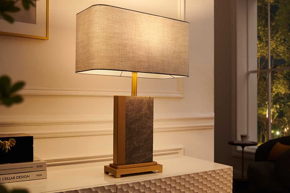 Design lampe de table ELEGANCIA 65cm or gris abat-jour en tissu marbre