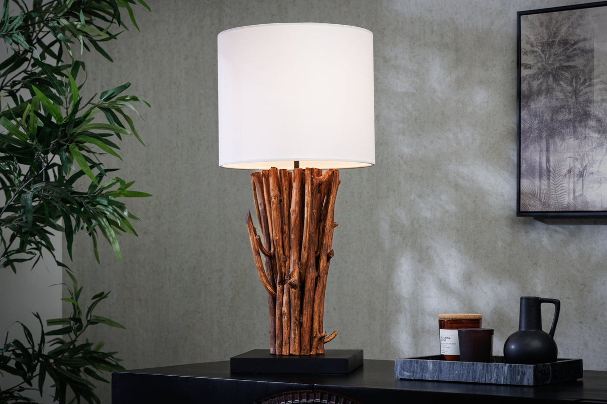 Design lampe de table EUPHORIA 60cm naturel blanc rond bois massif fait main (réf. 43452)