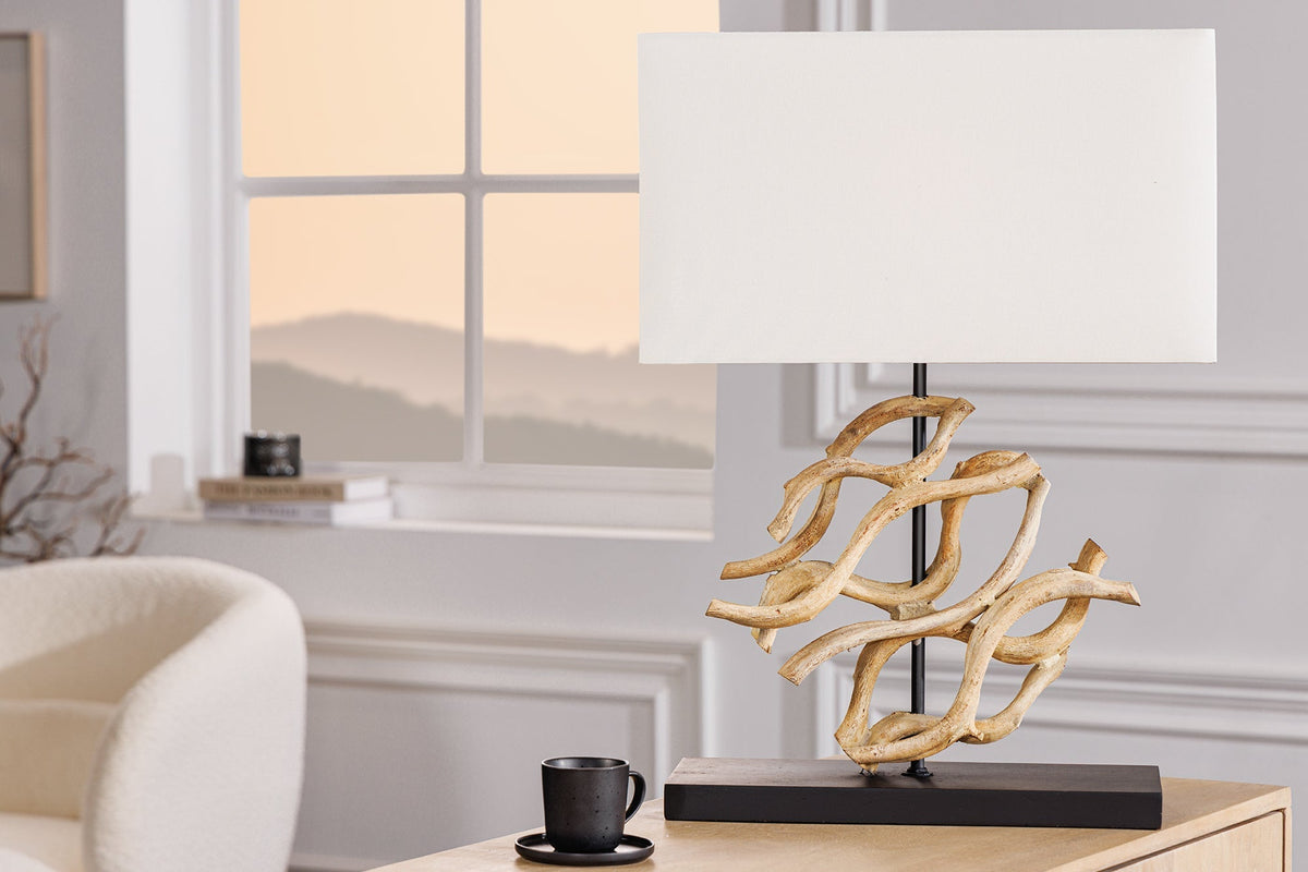 Design lampe de table WAVE 60cm naturel bois massif handmade blanc abat-jour en coton